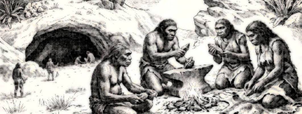 Early humans working stone tools by a fire outside a cave