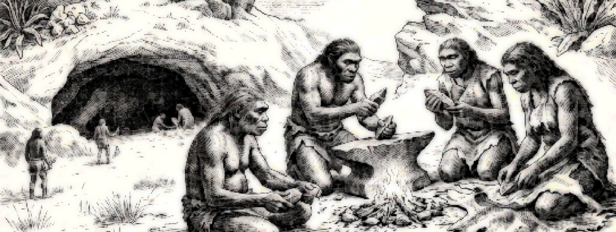 Early humans working stone tools by a fire outside a cave