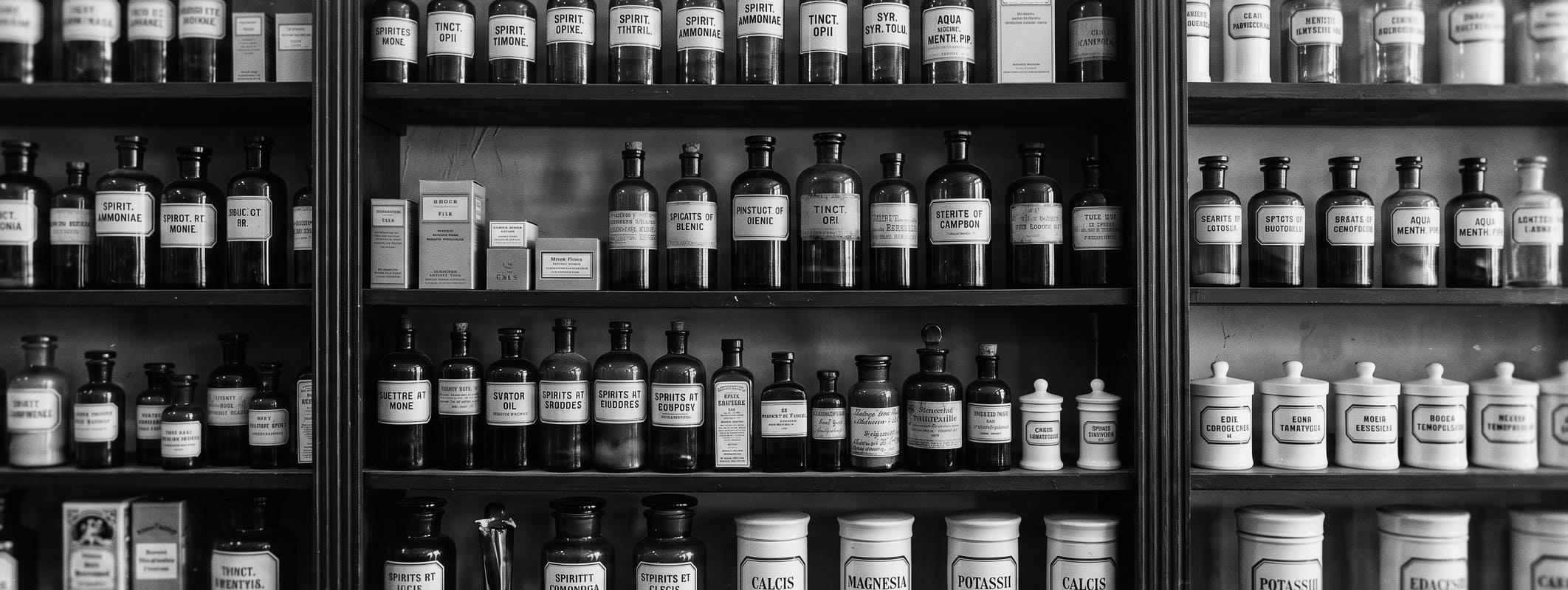 Vintage apothecary shelves packed with labeled medicine bottles