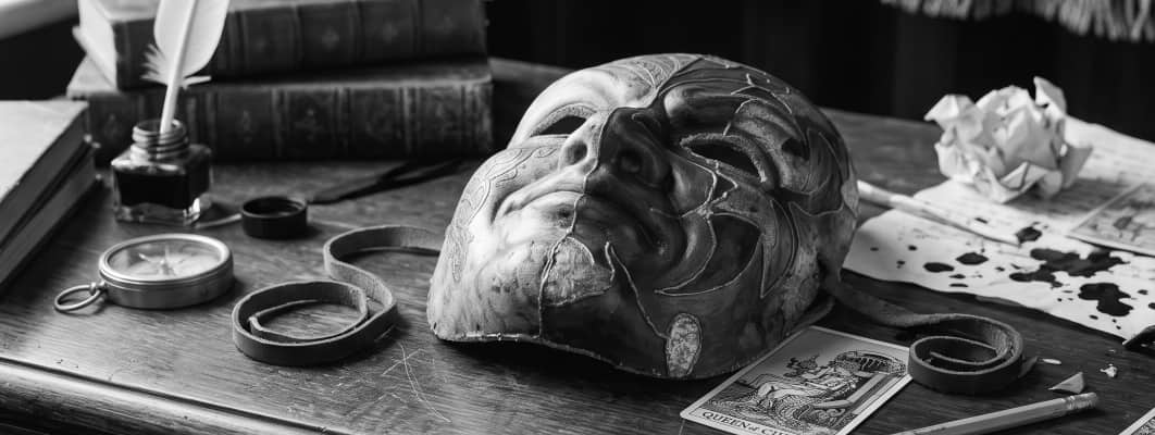 Ornamental mask on a desk with books, compass, and a tarot card