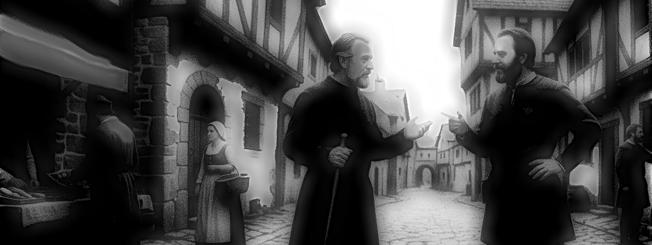 Two figures debating in a historic street