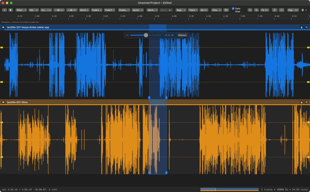 Podcast Track Cleaner with two speaker tracks, a shared selection, and a floating gain slider